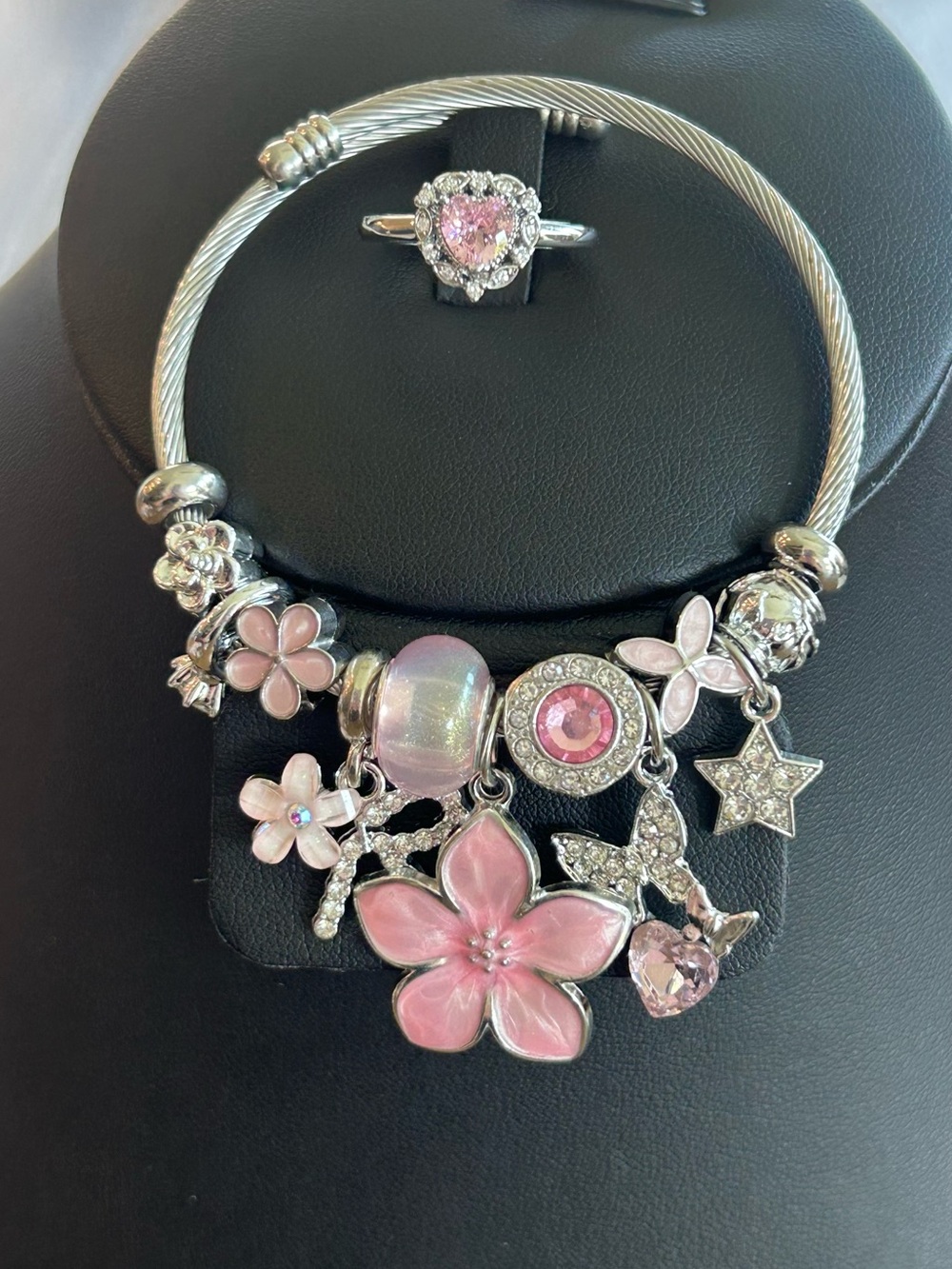 Brand New Silver Pink Flower Charm Bracelet with Matching Pink Heart Ring